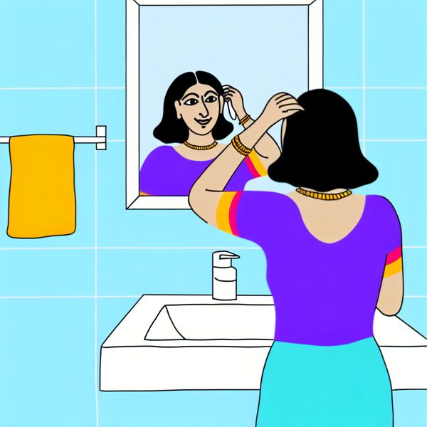 Minimalistische illustratie van een jonge vrouw die haar haar kamt voor een grote spiegel in een vrolijke badkamer met lichtblauwe muur en gele handdoek