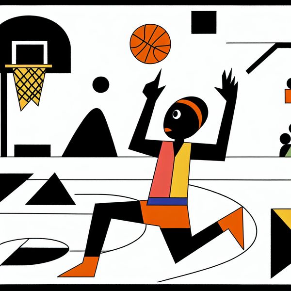 Basketbal poging: driepuntsworp in minimalistische sportillustratie Vrouwelijke basketballer in actie neemt een driepuntsworp tijdens een wedstrijd, minimalistische illustratie in stijl van Dick Bruna