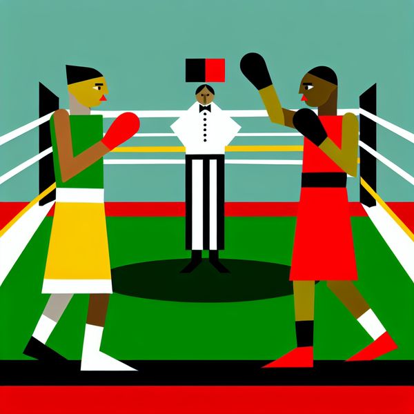 Minimalistische illustratie van een boksring met twee vastberaden boksers en een scheidsrechter, in de stijl van Dick Bruna