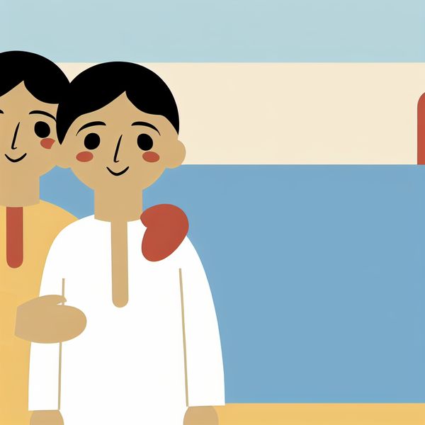 Minimalistische illustratie van broederlijke relatie en verbondenheid voor taalonderwijs Twee jonge broers omarmen elkaar warm in een minimalistische illustratie, symboliserend verbondenheid en relatie