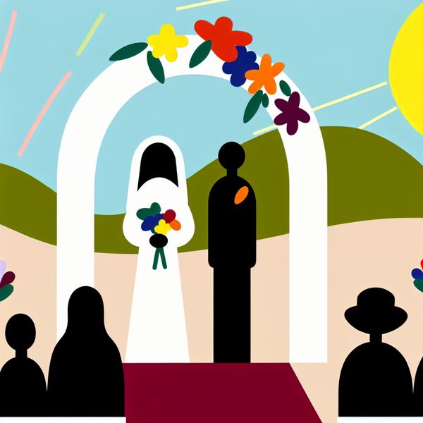 Minimalistische Bruiloft Illustratie met Bruid en Bruidegom Minimalistische illustratie van een bruiloft met een bruid en bruidegom onder een bloemenboog in een zonnige tuin.