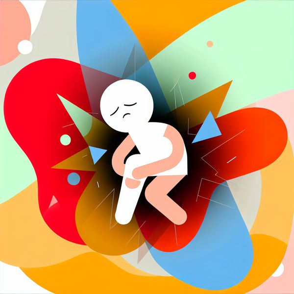 Cartoonfiguur met kniepijn in minimalistische stijl Minimalistische illustratie van een cartoonfiguur die zijn knie vasthoudt met een bezorgde uitdrukking, omgeven door heldere kleuren en geometrische vormen