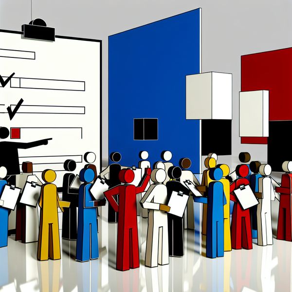 Diverse groep mensen met enquêtes op klemborden in minimalistische Dick Bruna-stijl, symboliserend meningspeiling en deelname