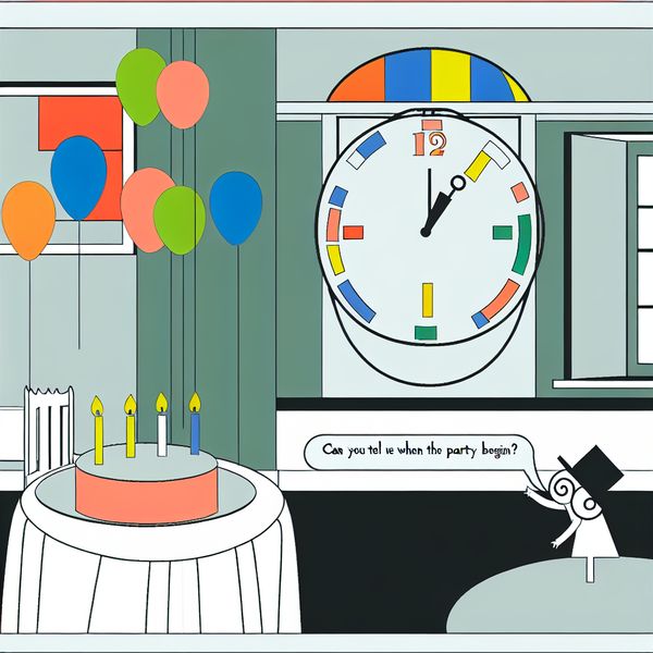 Minimalistische Feestillustratie in Dick Bruna-Stijl Minimalistische illustratie in Dick Bruna-stijl van een feestscène met kleurrijke decoraties en een klok