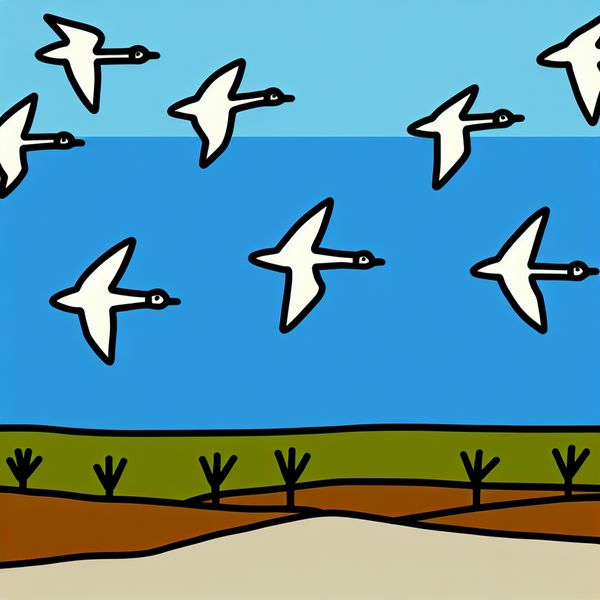 Minimalistische illustratie van zes ganzen in V-vorm die in de herfst naar het zuiden vliegen, tegen een helderblauwe lucht boven eenvoudige velden en bomen