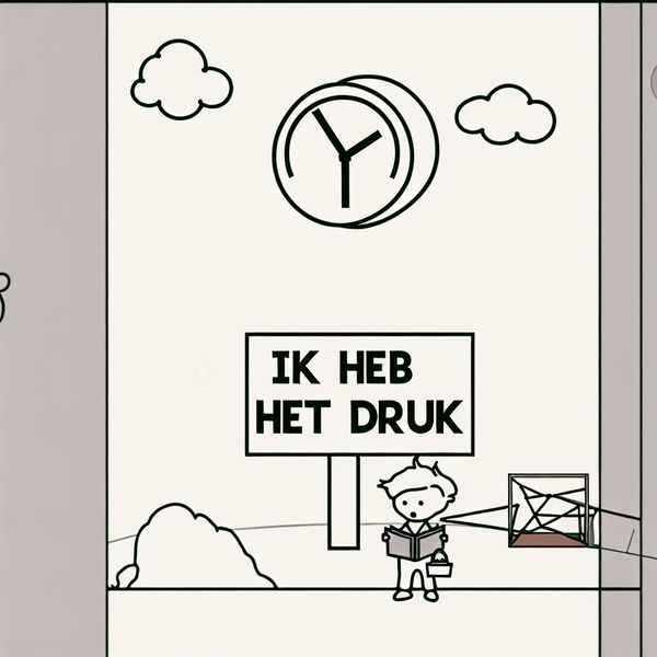 Minimalistische afbeelding van herhaling met 'Ik heb het druk' en klok Een kinderlijke figuur leest een groot bord met de tekst 'Ik heb het druk', met een klok op de achtergrond die hetzelfde tijdstip aangeeft, wat de herhaling symboliseert.