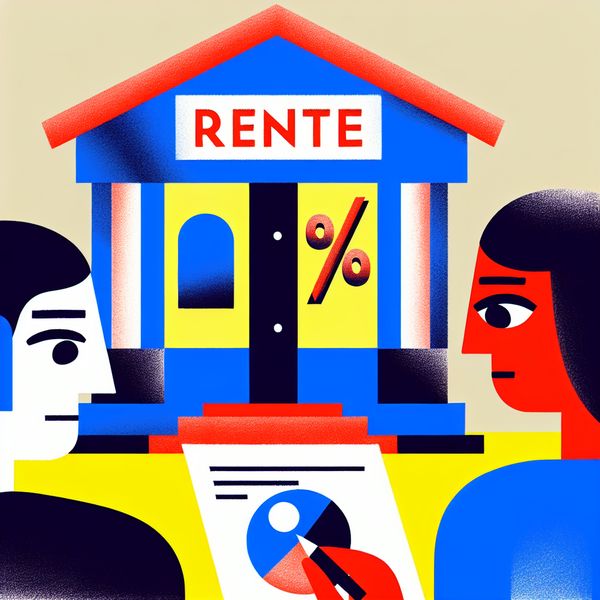 Minimalistische illustratie van een bankgebouw met het woord 'Rente' in grote vetgedrukte letters en een paar dat een document met een percentage bekijkt.