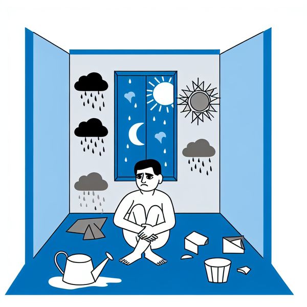 Illustratie van ellende en hoop in kinderlijke stijl Minimalistische illustratie van iemand in een donkere kamer met zorgen zoals grijze wolken en regen, tegenover een heldere buitenwereld met de zon en een vrolijk landschap.