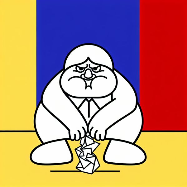 Illustratie ergernis en teleurstelling bij taal leren - minimalistisch ontwerp Minimalistische illustratie van een kinderfiguur met een teleurgestelde uitdrukking, hangende schouders en een verfrommeld papier in de hand, symboliserend ergernis of mislukking