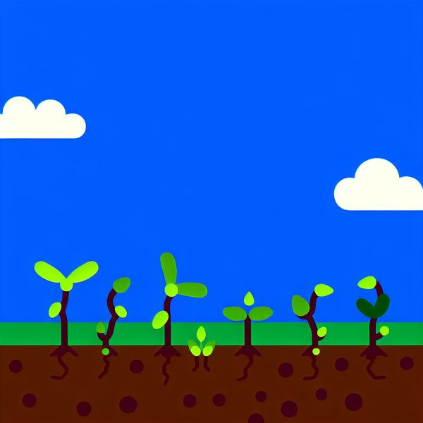 Minimalistische illustratie van wennetjes in de tuin Minimalistische illustratie van jonge planten genaamd 'wennetjes' die door de grond groeien, met een heldere blauwe lucht op de achtergrond.