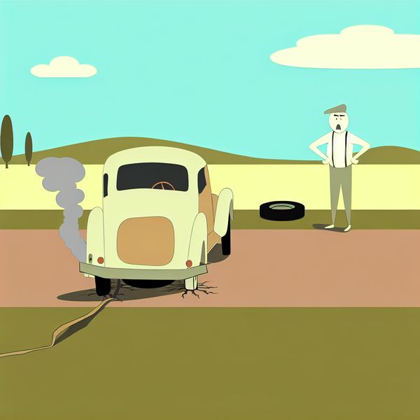 Minimalistische illustratie van een kapotte auto met een lekke band en rook uit de motor.