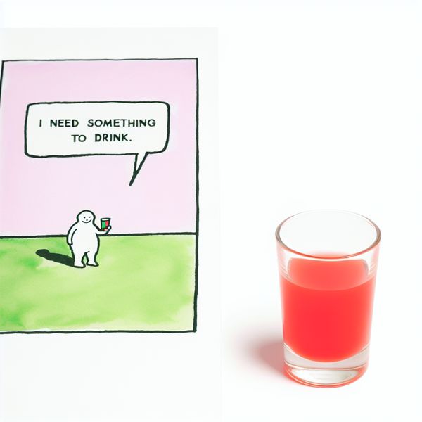 Minimalistische illustratie van een glas met kleurrijke drank Minimalistische illustratie van een klein glas met een kleurrijke drank en een spraakwolk met een cartoonfiguurtje dat vraagt om iets te drinken.