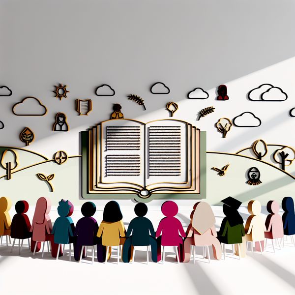Een oversized open boek omringd door kleurrijke illustraties van verschillende literaire genres, met nieuwsgierige kinderen die in een zonnige klas zitten.
