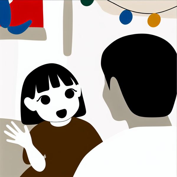 Vriendelijk klaslokaal met nieuwsgierig meisje Minimalistische illustratie van een nieuwsgierig meisje in een klaslokaal met een glimlachende leraar.
