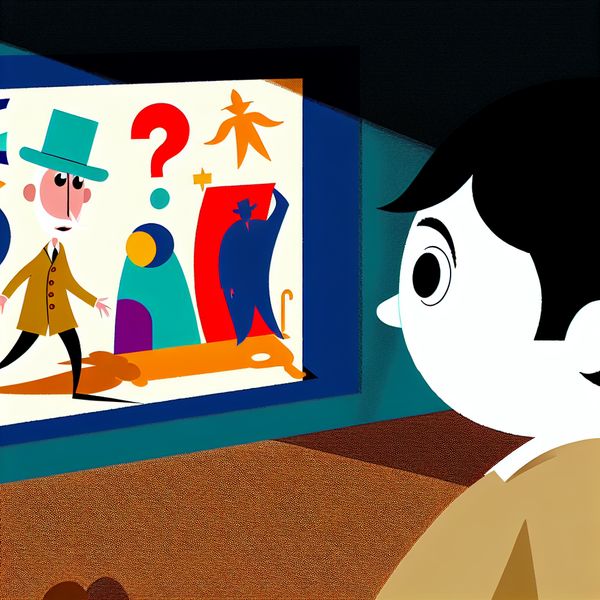 Minimalistische illustratie van een nieuwsgierige karakter die een kleurrijk filmposter bekijkt