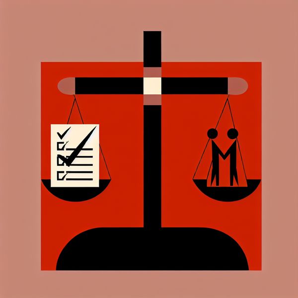 Minimalistische illustratie van een balans met aan de ene kant een contract met vinkjes en aan de andere kant twee mensen die handen schudden, tegen een heldere achtergrond.