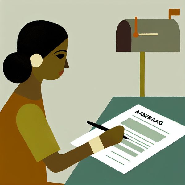 Minimalistische Illustratie van een Schriftelijke Aanvraag Een persoon die geconcentreerd een document invult met op de achtergrond een brievenbus, in een kinderlijke stijl geïnspireerd door Dick Bruna.