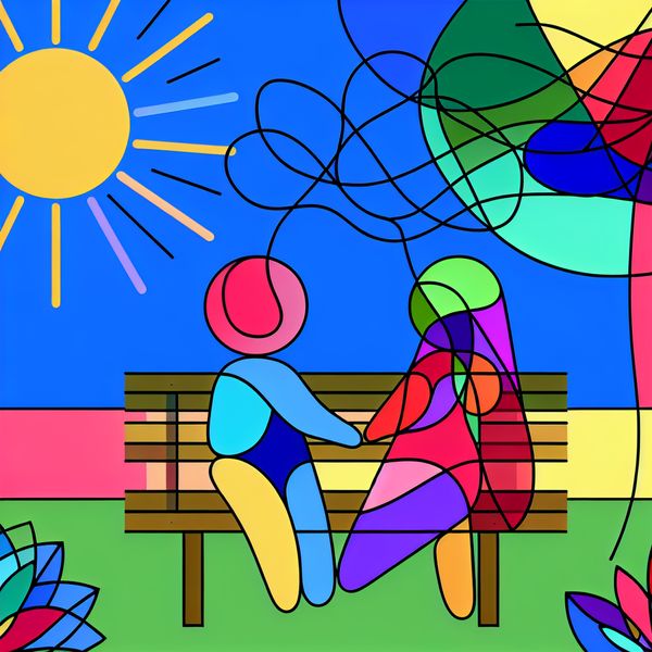 Minimalistische illustratie van verbonden levens door vriendschap Minimalistische illustratie van twee kinderlijke figuren op een bankje met kleurrijke lijnen die hun vriendschap symboliseren.