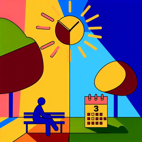 Minimalistische illustratie van wachten in een park met klok Een minimalistische illustratie van een park met een grote klok die drie dagen laat zien en een figuur die op een bank zit, nadenkend over de tijd