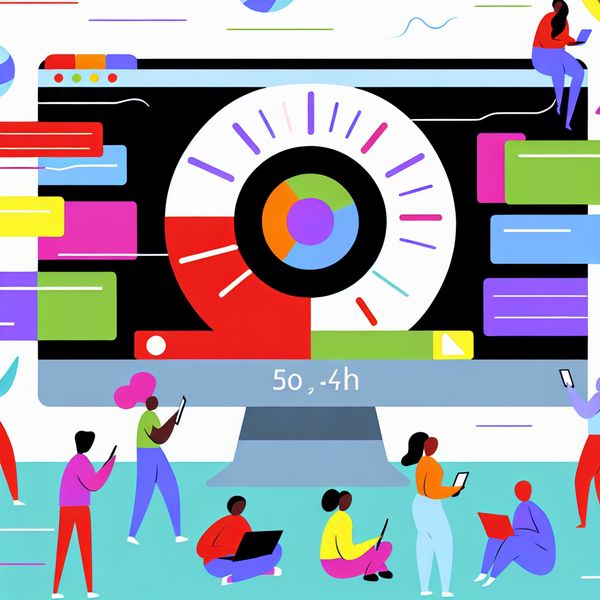 Minimalistische Illustratie van Webtechnologie en Interactie Minimalistische illustratie van een computerscreen met een kleurrijke website en een laadanimatie, omringd door mensen die met verschillende apparaten de website gebruiken.