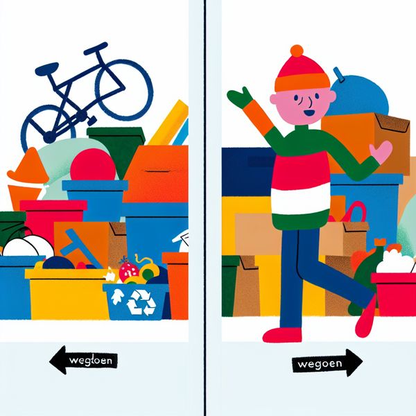 Minimalistische illustratie van het wegdoen van rommel Minimalistische illustratie van een garage met een karakter dat vrolijk ongewenste items sorteert.