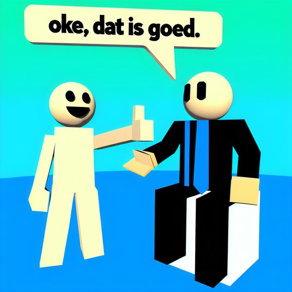 Minimalistische illustratie van twee vrolijke personages die instemmen met elkaar, één biedt hulp aan terwijl de ander met een duim omhoog reageert.