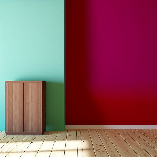 Minimalistische interieurinrichting met focus op correcte stand Minimalistische inrichting met een houten kast tegen een felgekleurde muur