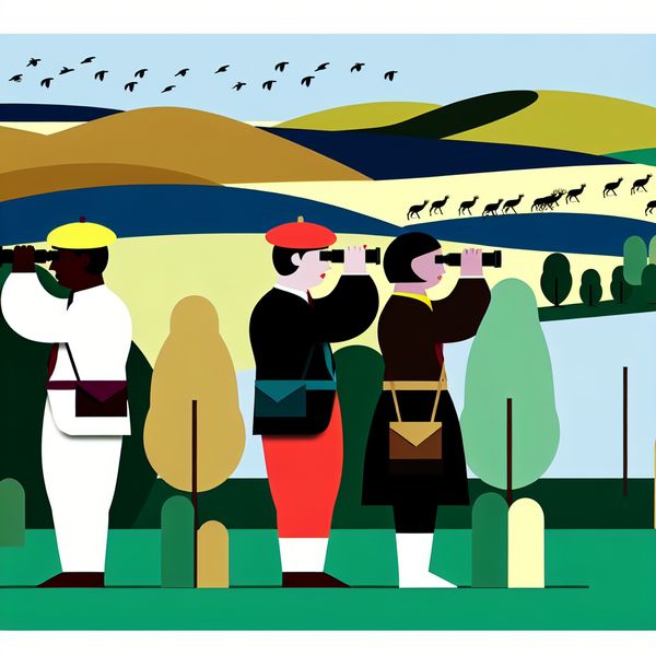 Minimalistische weergave van jagers die door verrekijkers kijken naar een open landschap