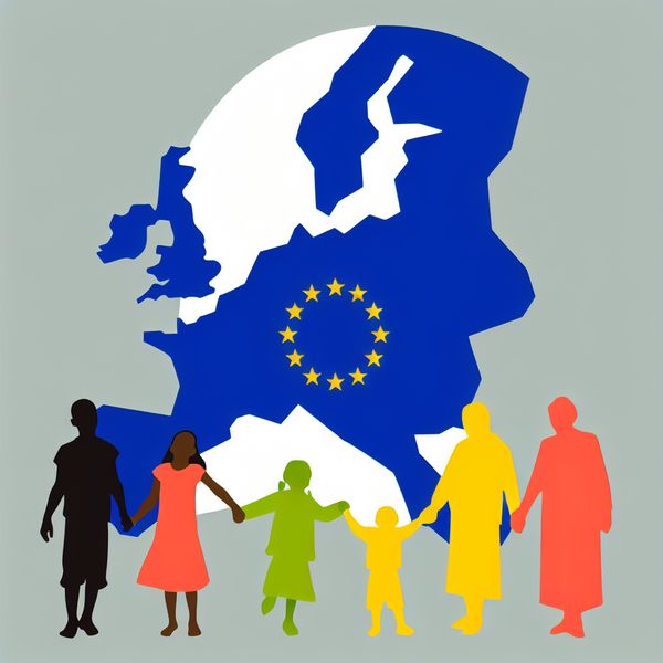Vrolijke illustratie van Nederland en Europa voor taalonderwijs Minimalistische illustratie van een grote kaart van Europa met een kleurrijke omlijning van Nederland en blijde mensen die hand in hand staan.