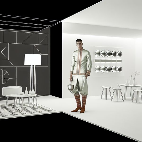 Een moderne, minimalistische kamer met geometrisch meubilair en een persoon in een modieuze outfit die past bij het interieur.
