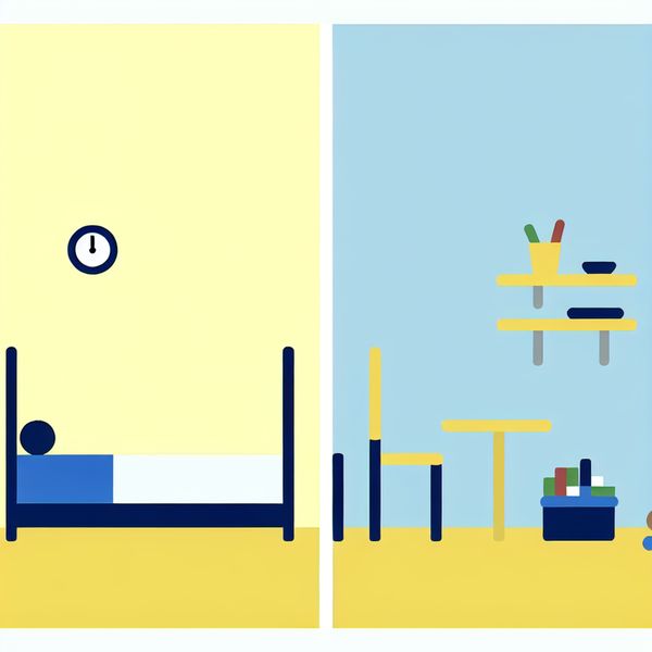 Een minimalistische illustratie van een kleine, rommelige kamer met een bed dat nauwelijks past, omringd door kleine voorwerpen zoals speelgoed en boeken, met een wandklok die de tijd die opraakt weergeeft.