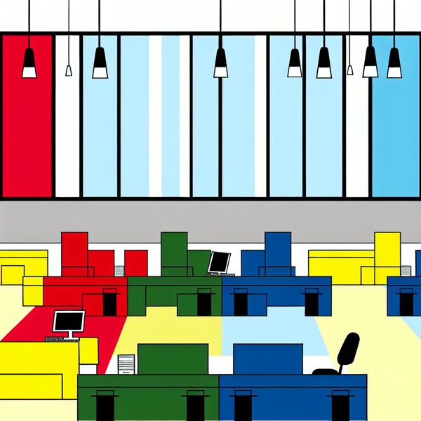 Minimalistische illustratie van een vrolijke kantoorwerkruimte met tien identieke bureaus, computers en documenten in heldere kleuren