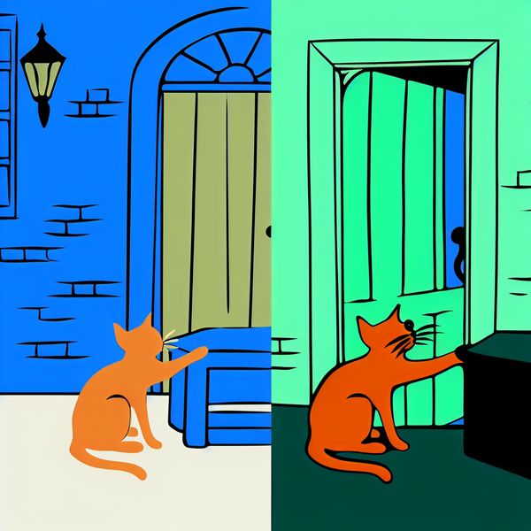 Minimalistische illustratie van een nieuwsgierige kat bij een deur Minimalistische illustratie van een nieuwsgierige kat die aan een deur krabt