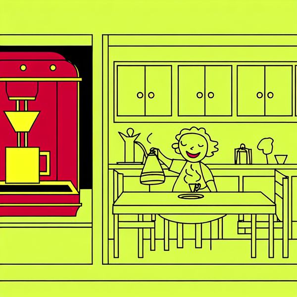 Een minimalistische illustratie van een vrouw die koffie inschenkt uit een felle koffiemachine in een grafische keukenomgeving.
