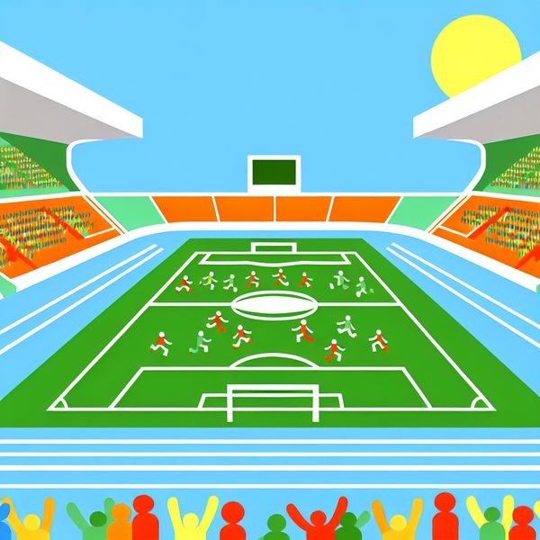 Minimale en kleurrijke illustratie van een modern stadion met een voetbalveld en atletiekbaan.