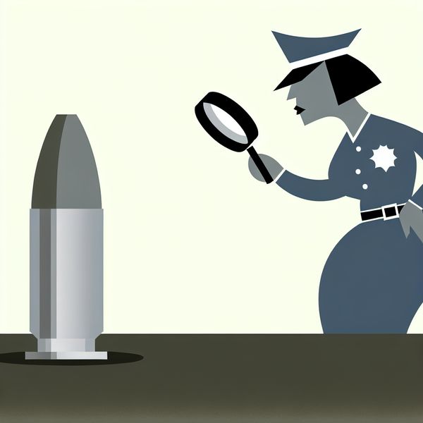 Minimalistische illustratie van een politieonderzoek met een glanzende kogel op de grond en een agent met vergrootglas