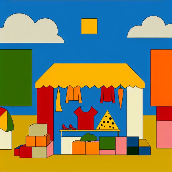 Minimalistische marktkraam met diverse producten zoals kaas, brood, wortels, een shirt en schoenen in heldere kleuren, geïnspireerd op Dick Bruna