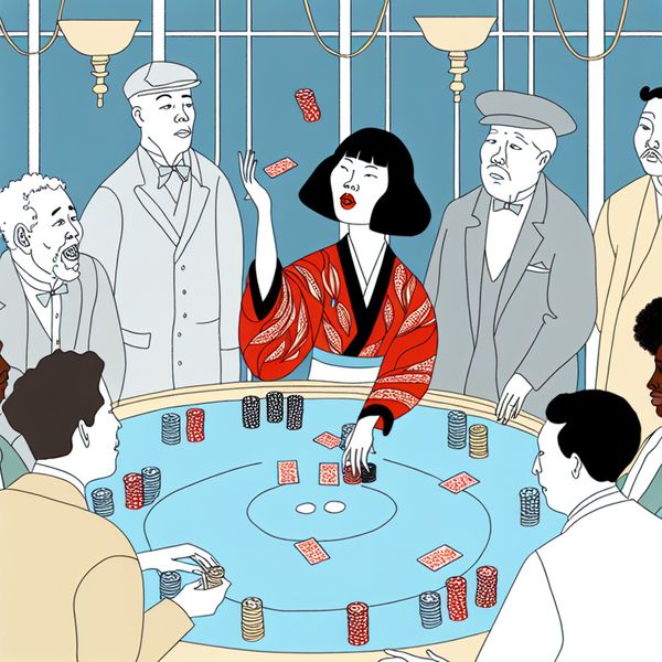 Spannende Pokerspel Illustratie in Minimalistische Stijl Speelse illustratie van een groep mensen rond een pokertafel, met iemand die een pokerchip in de lucht gooit.