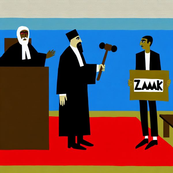 Rechtszaak illustratie in minimalistische stijl voor taalonderwijs Minimalistische rechtszaal met rechter, beklaagde en advocaat met document 'ZAAK' in Dick Bruna-stijl
