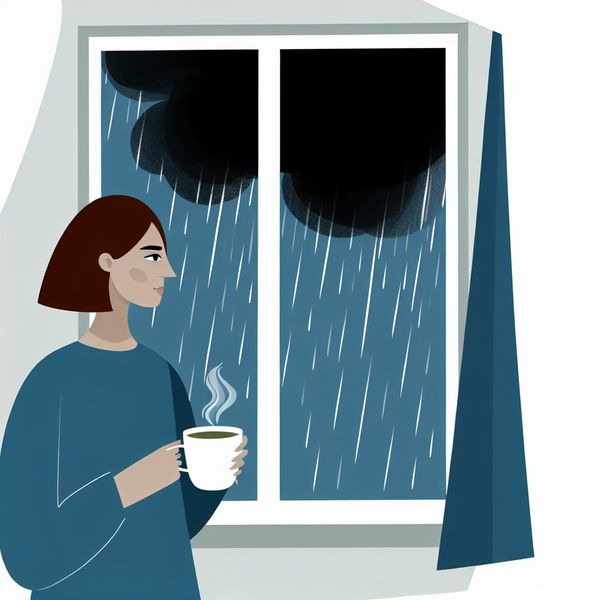 Minimalistische Regenscène met Thee in Dick Bruna-stijl Persoon bij raam met thee, regenbuien buiten in Dick Bruna-stijl