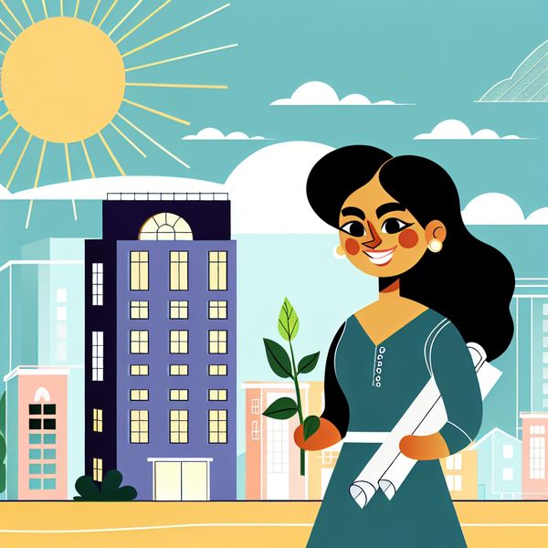 Minimalistische afbeelding van rijkdom en vastgoed Jonge vrouw die trots staat voor een stijlvol gebouw, met een kleine plant en blauwdrukken in haar handen, symboliserend rijkdom en investeringen in vastgoed.