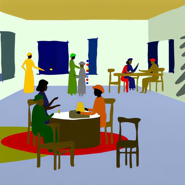 Een minimalistische illustratie van een kleine samenkomst met blije mensen die in gesprek zijn, tegen een lege achtergrond die minder aanwezigen suggereert.