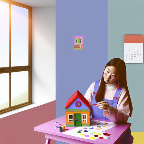 Minimalistische Scène van Werken in Dick Bruna-stijl Jonge vrouw werkt aan felgekleurd bureau in Dick Bruna-stijl