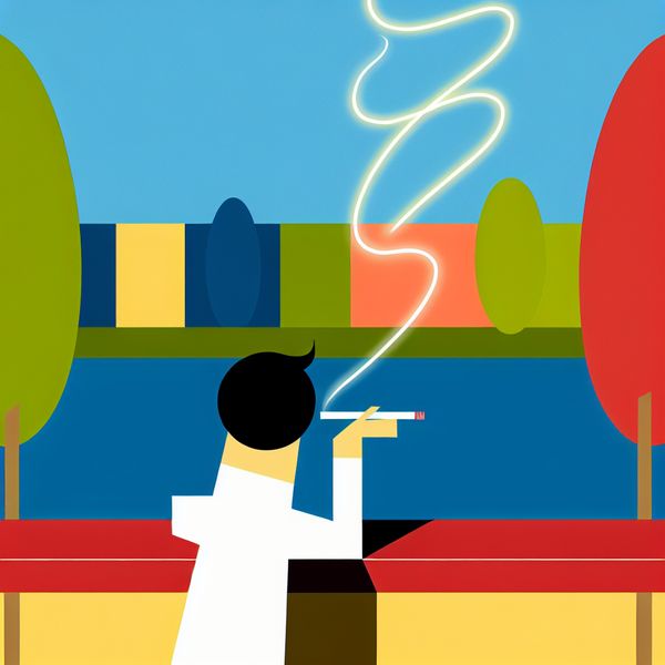 Minimalistische illustratie van een persoon die buiten een sigaret rookt tegen een muur, met opvallende rook en gloeiende sigaretpunt