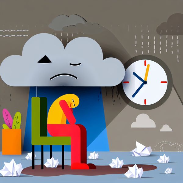 Cartoonachtig karakter met een neerwaarts gezicht zit op een stoel, omringd door grijze wolken in een minimalistische stijl van Dick Bruna