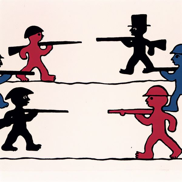 Minimalistische illustratie van twee groepen soldaten in rood en blauw die tegenover elkaar staan in een strijd, geïnspireerd op de stijl van Dick Bruna