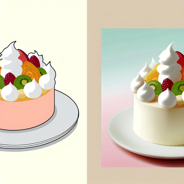 Minimalistische illustratie van een decoratieve taart met slagroom op een witte schotel.