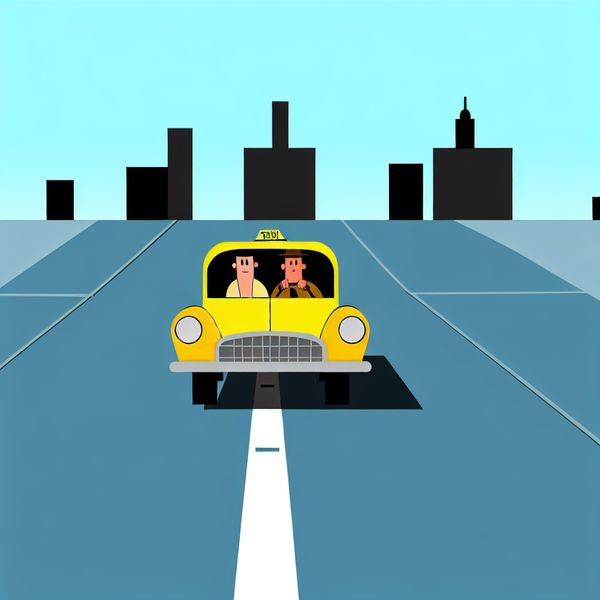 Taxi als vervoermiddel: minimalistische illustratie voor taalonderwijs Minimalistische illustratie van een felgele taxi met twee passagiers, een van hen met een koffer, op weg naar een bestemming in een eenvoudige stadssetting