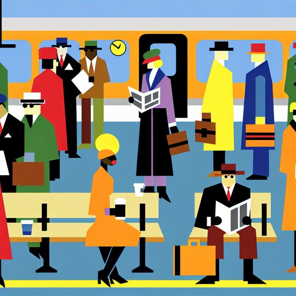 Minimalistische Trein Scene op Maandagochtend Een minimalistische scène van een druk treinstation in de stijl van Dick Bruna, met forenzen in felgekleurde kleding