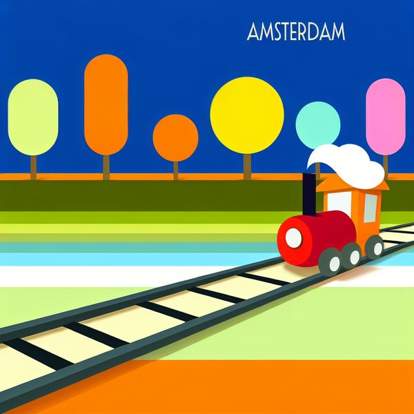 Een minimalistische afbeelding van een kleurrijk landschap met een trein die naar de horizon 'Amsterdam' rijdt, ontworpen in de stijl van Dick Bruna.